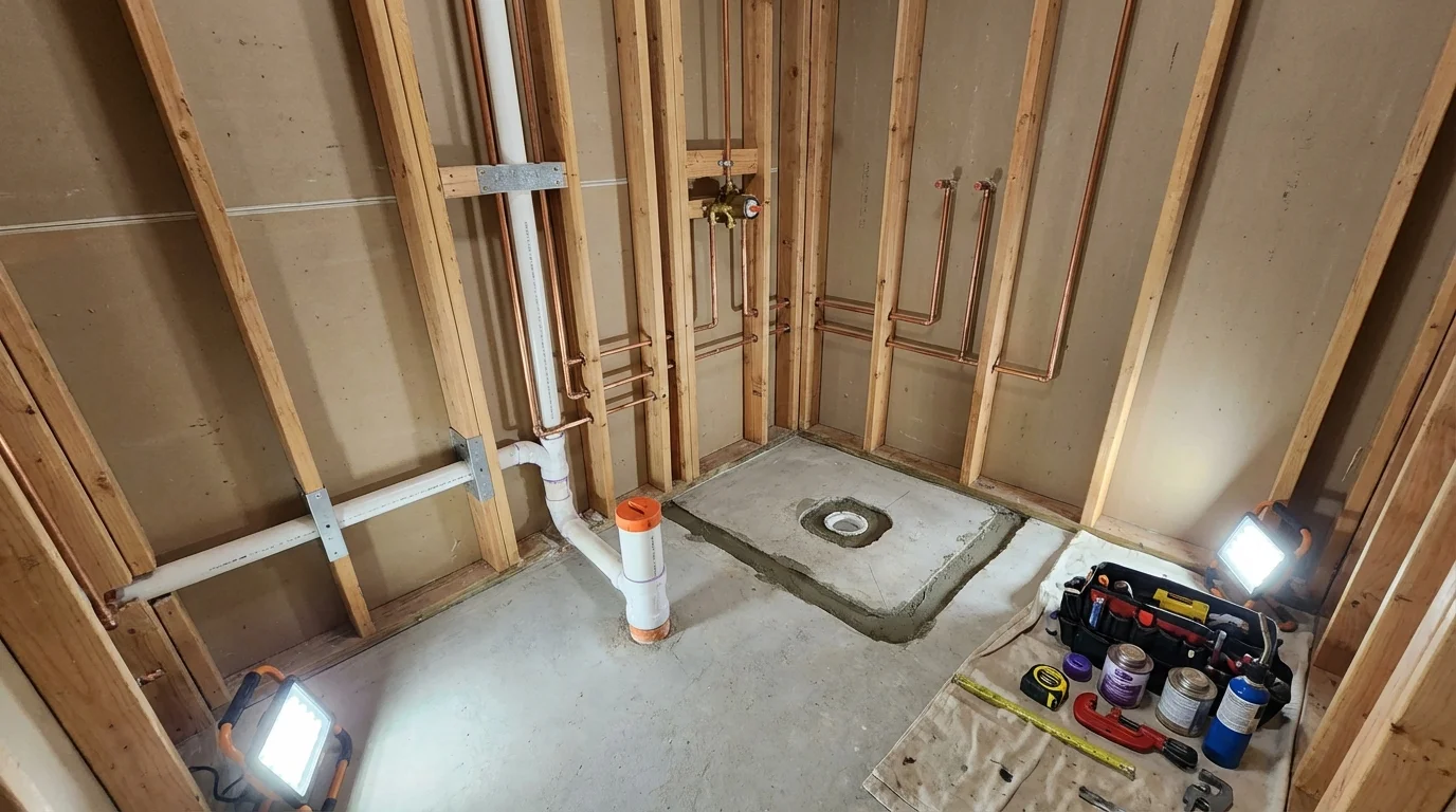 Bathroom rough-in plumbing during remodel by Johns Plumbing LLC in Derwood