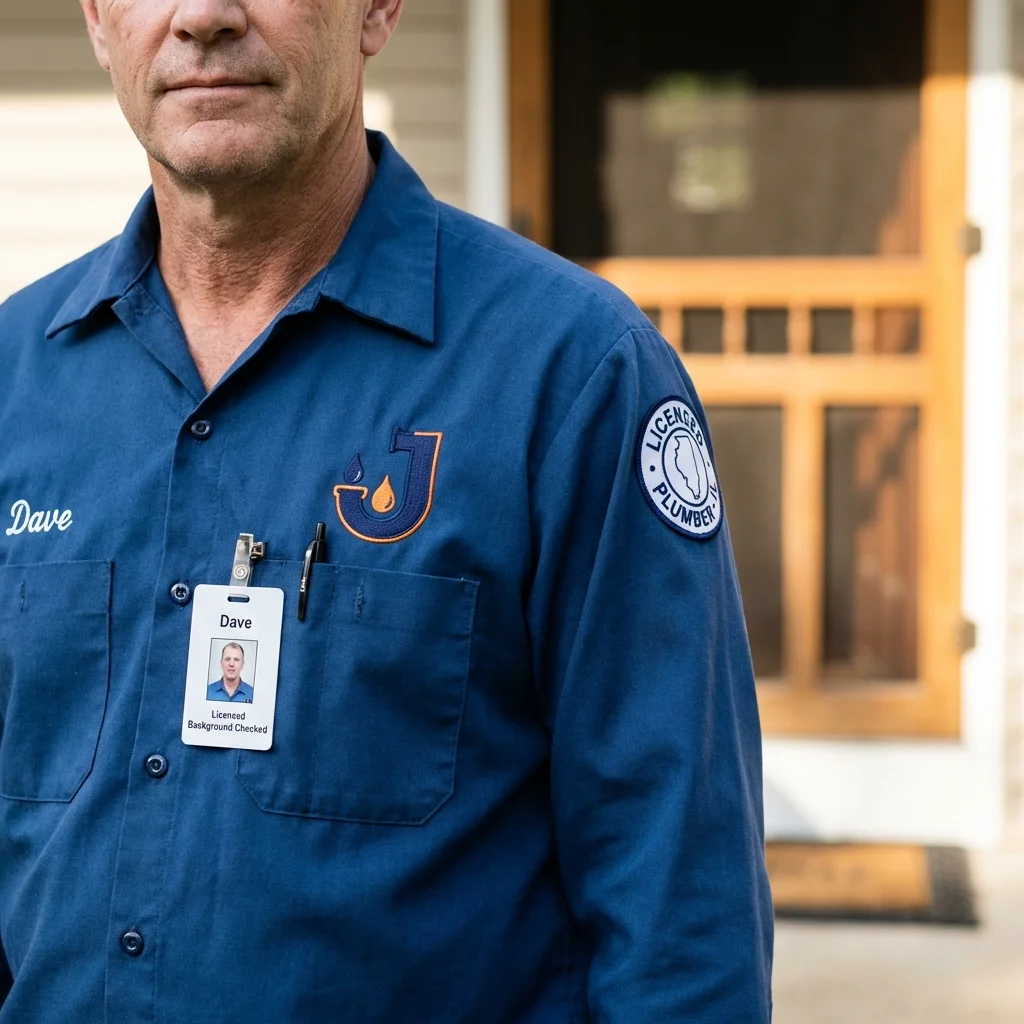 Licensed plumber showing ID badge in Derwood, MD