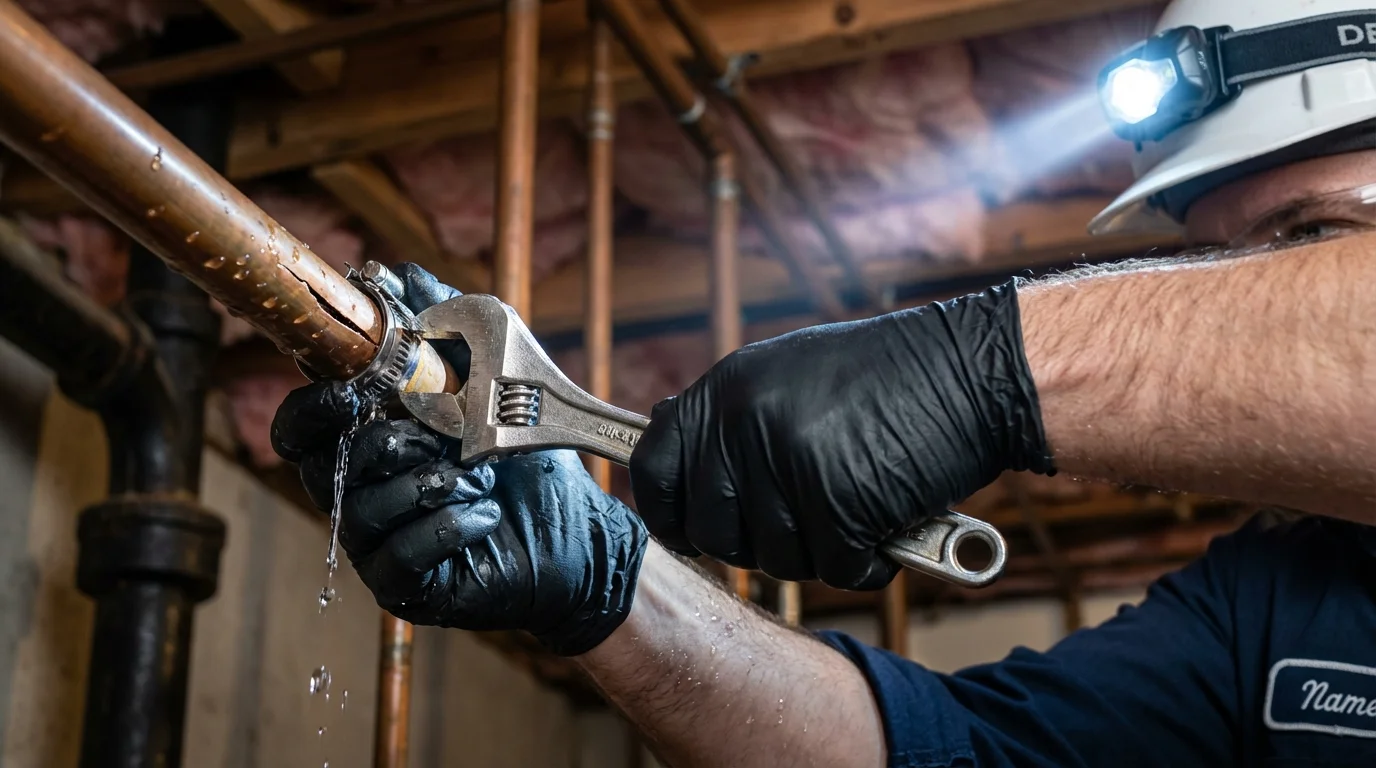 Emergency pipe clamp repair being performed by a Johns Plumbing LLC plumber in Derwood