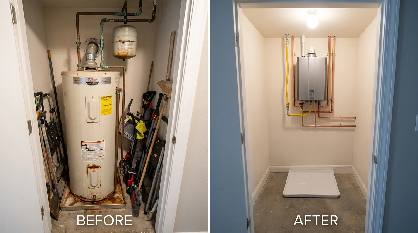 Tank water heater versus wall-mounted tankless unit comparison for Derwood, MD homeowners