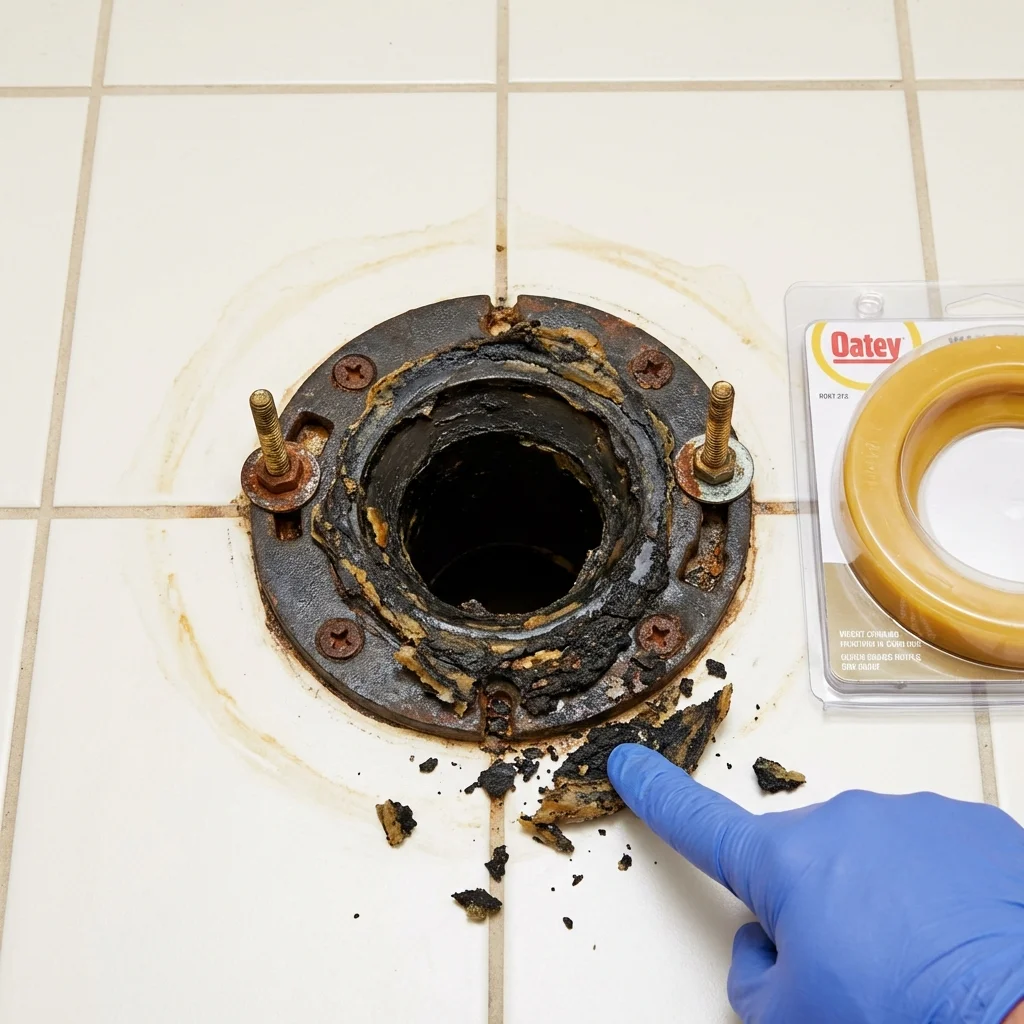Failed wax ring showing water seepage at the base of a toilet in a Derwood, MD home
