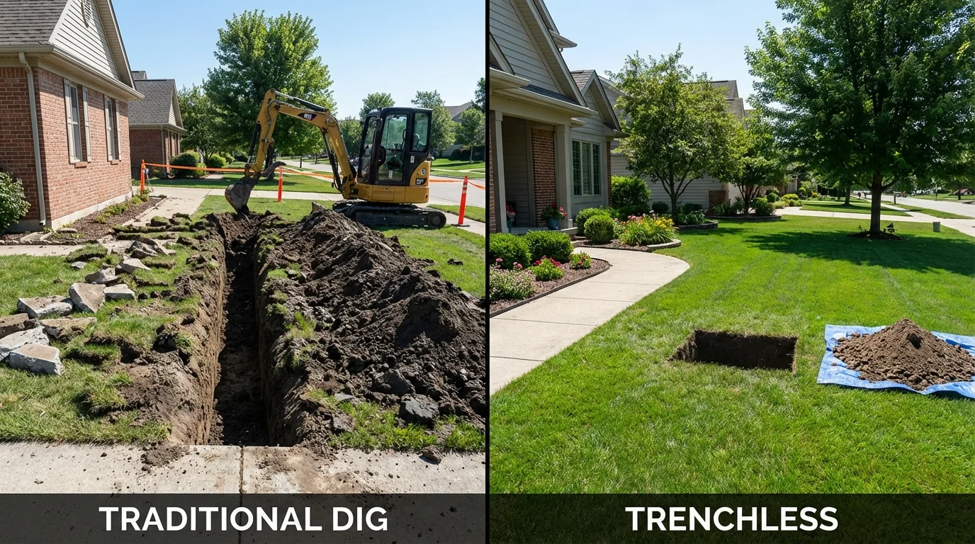 Trenchless sewer repair with minimal yard damage versus traditional excavation in Derwood, MD