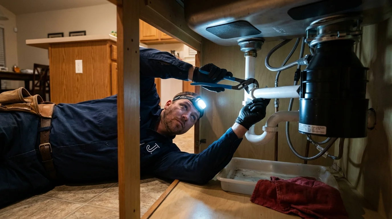 P-trap and supply line connections under a kitchen sink showing a common leak point in Derwood, MD